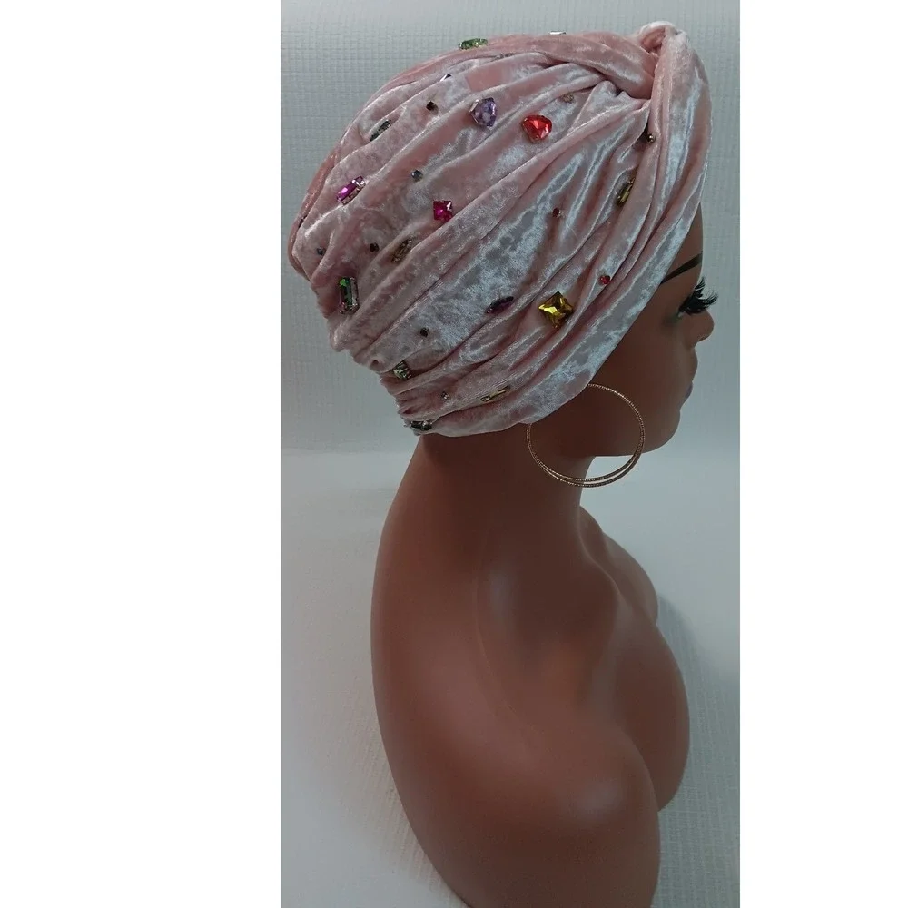 Pink‎ Velvet Rhinestone Turban Head Covering Stretch Velvet Jeweled Hijab Cap